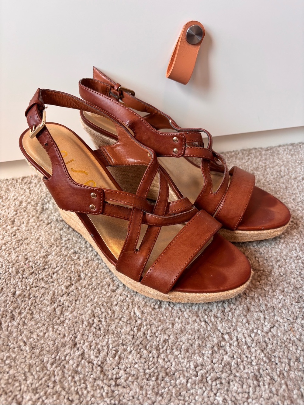Unisa Brown Leather Wedge Sandals Casual Summer Strappy Espadrille